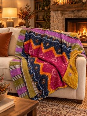 New Kathmandu Handcrafted Multicolor Kantha Throw Blanket 54x90